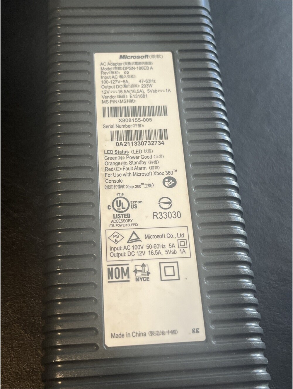 Genuine Microsoft Xbox 360 203W Power Supply AC Adapter DPSN-186EB A OEM Tested